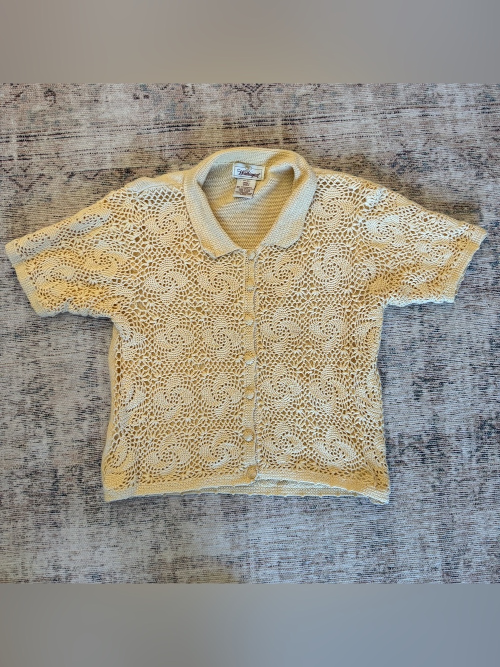 {Worthington} Vintage Pale Yellow Crochet Polo Cardigan